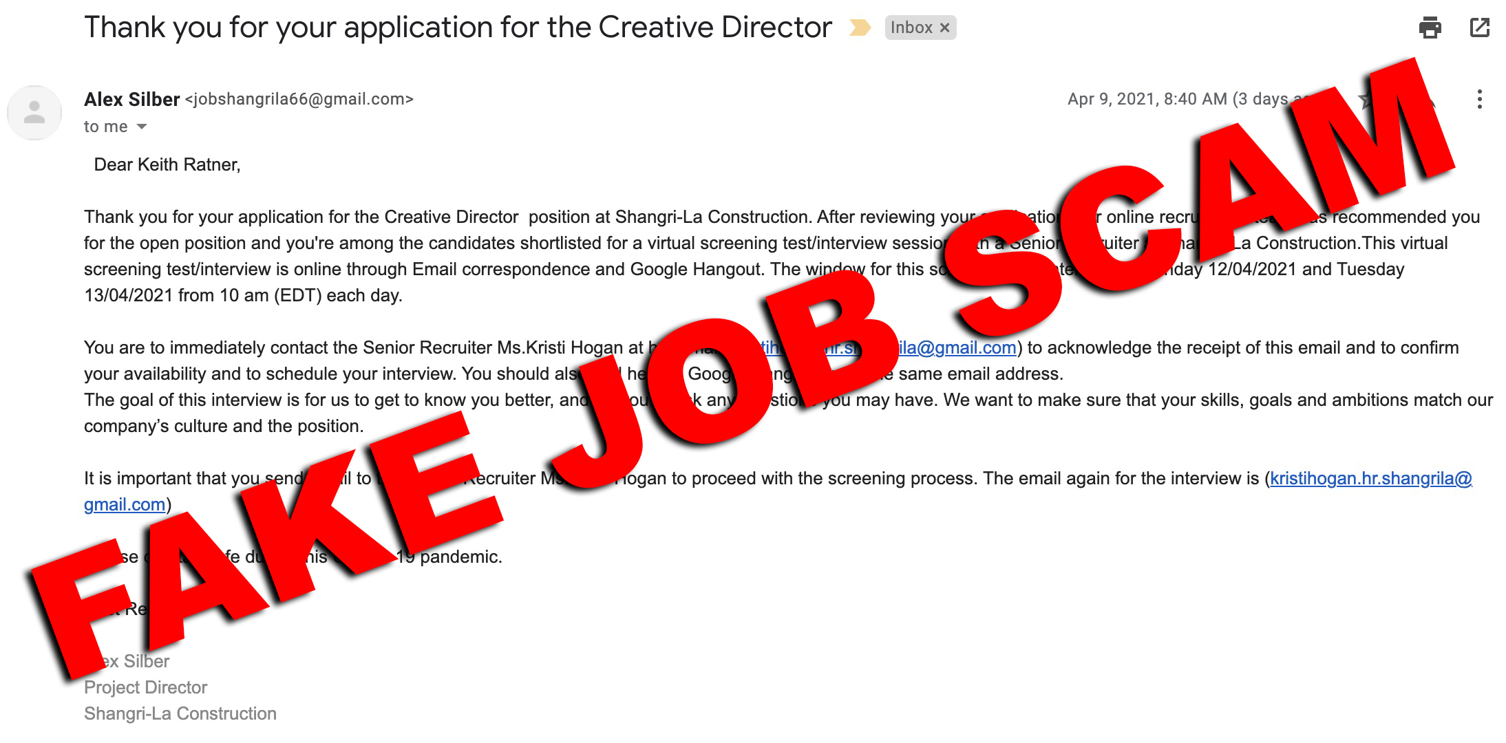 Fake Job Scam: Google Hangout